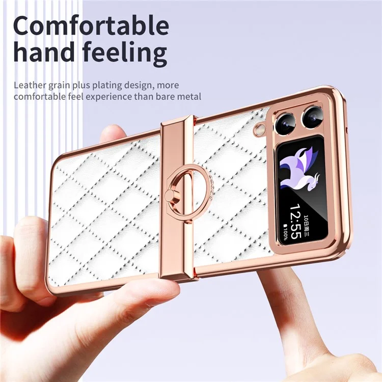 For Samsung Galaxy Z Flip3 5G Ring Kickstand Electroplating PU Leather Coated PC Case Imprinted Rhombus Grid Pattern Folding Phone Cover - White