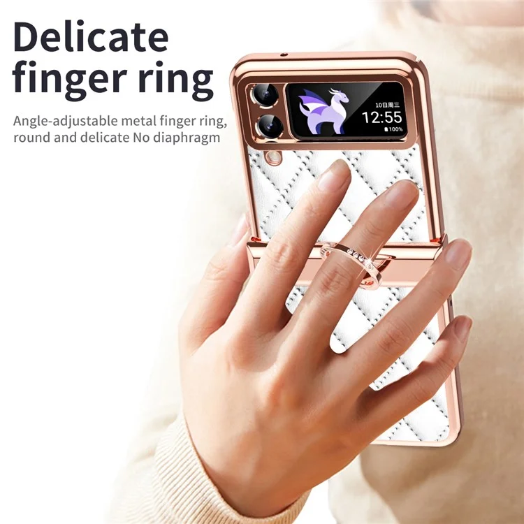 For Samsung Galaxy Z Flip3 5G Ring Kickstand Electroplating PU Leather Coated PC Case Imprinted Rhombus Grid Pattern Folding Phone Cover - White