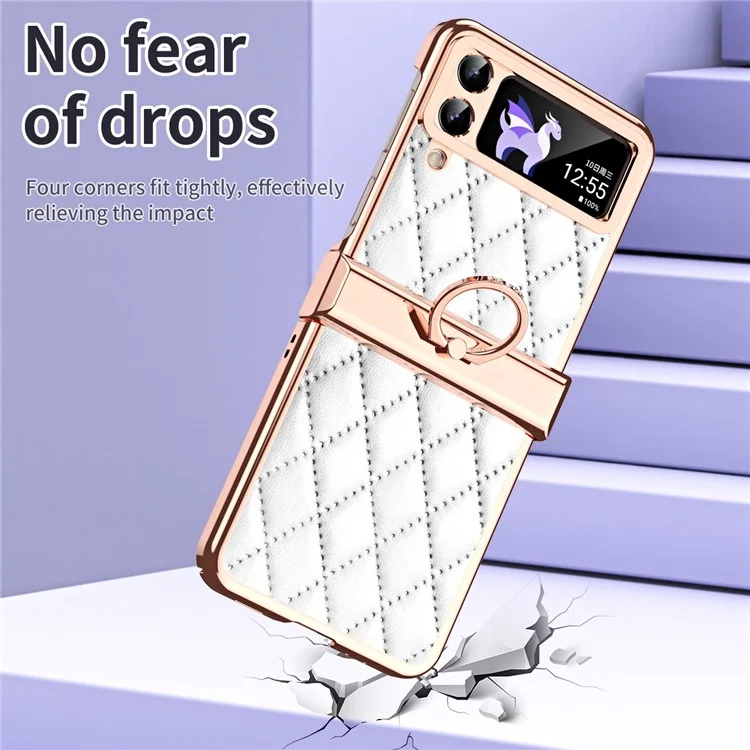 Pour Samsung Galaxy Z Flip3 5G Ring Kickstand Electroplating PU Leather Coated PC Case Imprinted Rhombus Grid Pattern Folding Phone Cover - Blanc