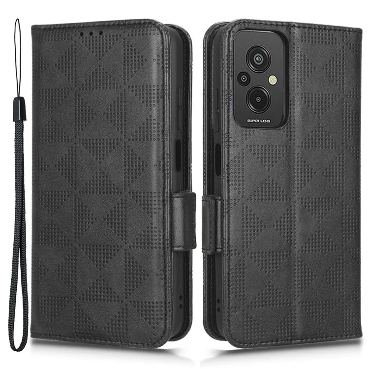 Pour Xiaomi Redmi 11 Prime 4G Triangle Imprimé Patter PU le Cuir Stand Couvercle de Portefeuille de Téléphonie de Protection Complète Avec Sangle à Main - le Noir
