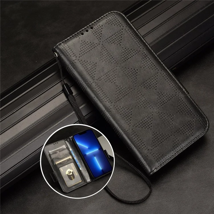 Pour Xiaomi Redmi 11 Prime 4G Triangle Imprimé Patter PU le Cuir Stand Couvercle de Portefeuille de Téléphonie de Protection Complète Avec Sangle à Main - le Noir