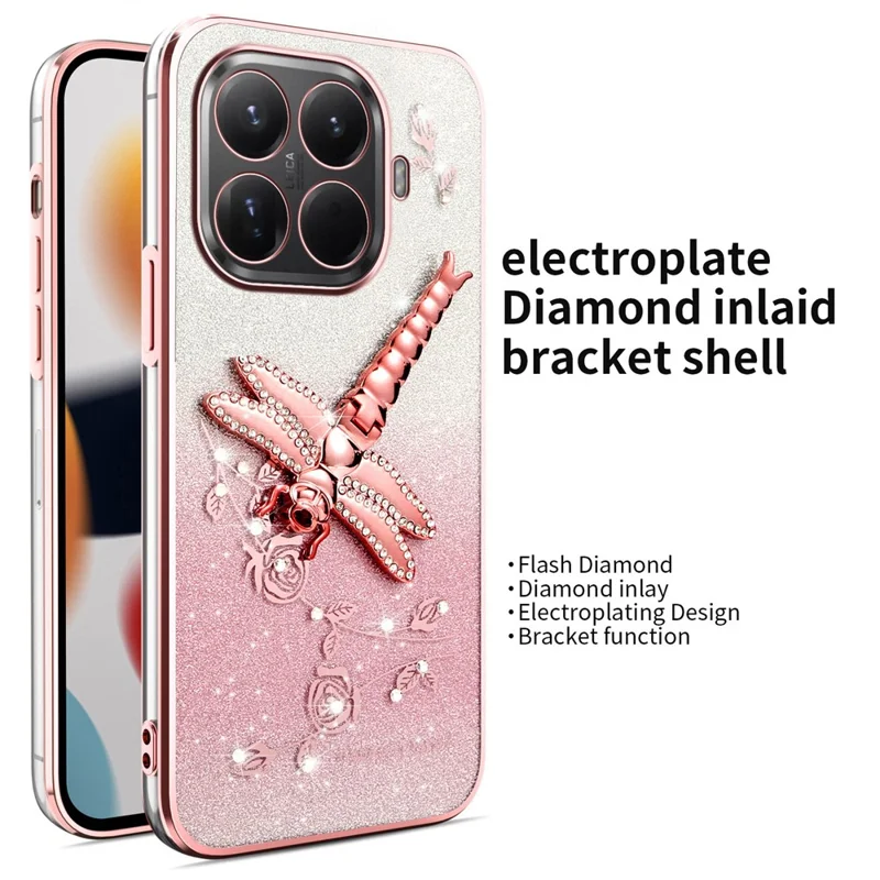 KADEM For Xiaomi 15T Pro Case Dragonfly Kickstand TPU Flowers Glitter Phone Cover - Pink