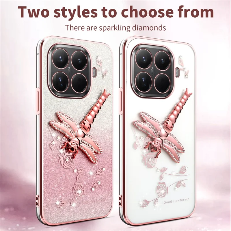 KADEM For Xiaomi 15T Pro Case Dragonfly Kickstand TPU Flowers Glitter Phone Cover - Pink