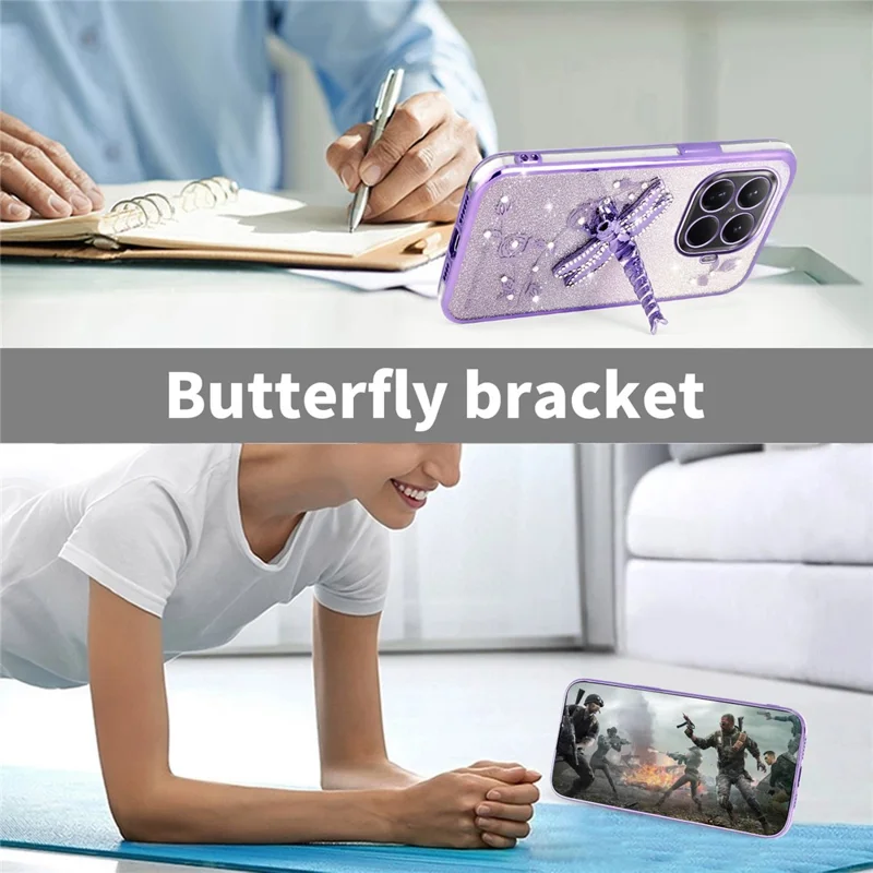 KADEM For Xiaomi 15T Pro Case Dragonfly Kickstand TPU Flowers Glitter Phone Cover - Pink