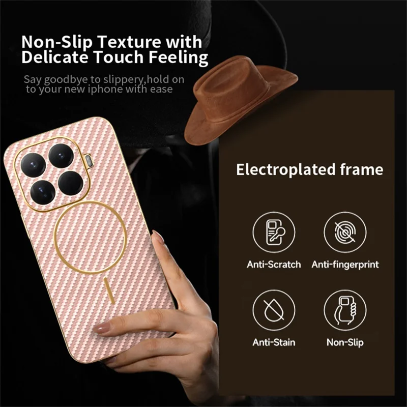 For Xiaomi 15T Pro Phone Case Carbon Fiber Textured Electroplated TPU Back Cover - Pink
