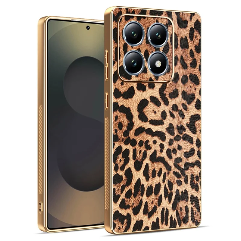 For Xiaomi 15T Case Leopard Print PU Leather Coated PC + TPU Electroplating Phone Cover