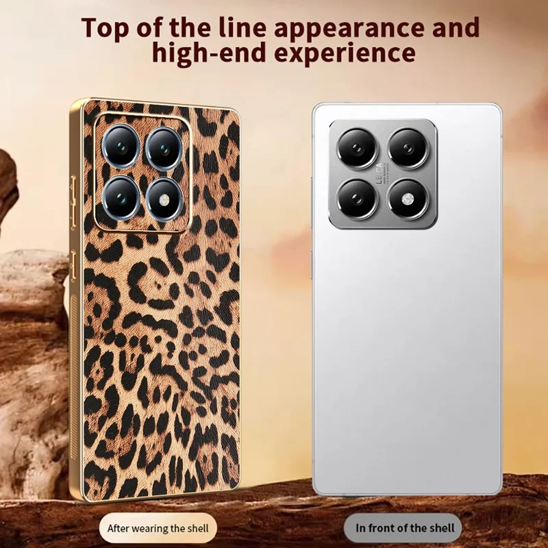 For Xiaomi 15T Case Leopard Print PU Leather Coated PC + TPU Electroplating Phone Cover