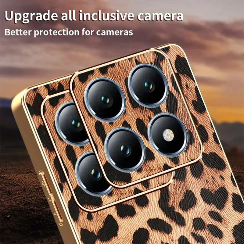 For Xiaomi 15T Case Leopard Print PU Leather Coated PC + TPU Electroplating Phone Cover