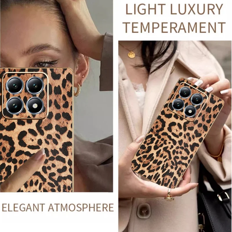 For Xiaomi 15T Case Leopard Print PU Leather Coated PC + TPU Electroplating Phone Cover