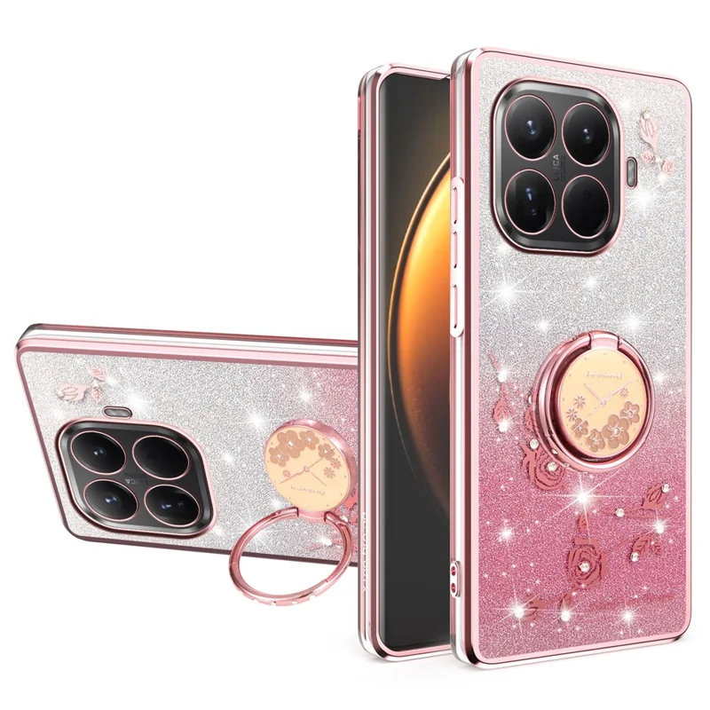 KADEM For Xiaomi 15T Pro Case Ring Kickstand TPU Flowers Phone Cover Gradient Glitter - Rose Gold