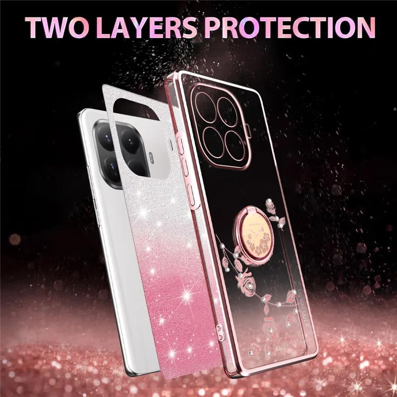 KADEM For Xiaomi 15T Pro Case Ring Kickstand TPU Flowers Phone Cover Gradient Glitter - Rose Gold