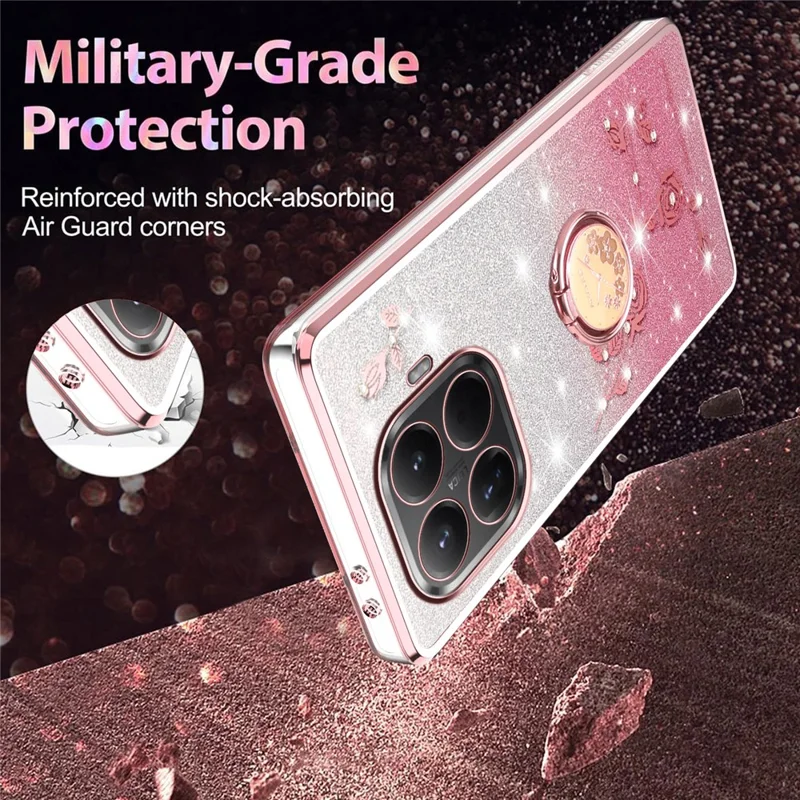 KADEM For Xiaomi 15T Pro Case Ring Kickstand TPU Flowers Phone Cover Gradient Glitter - Rose Gold