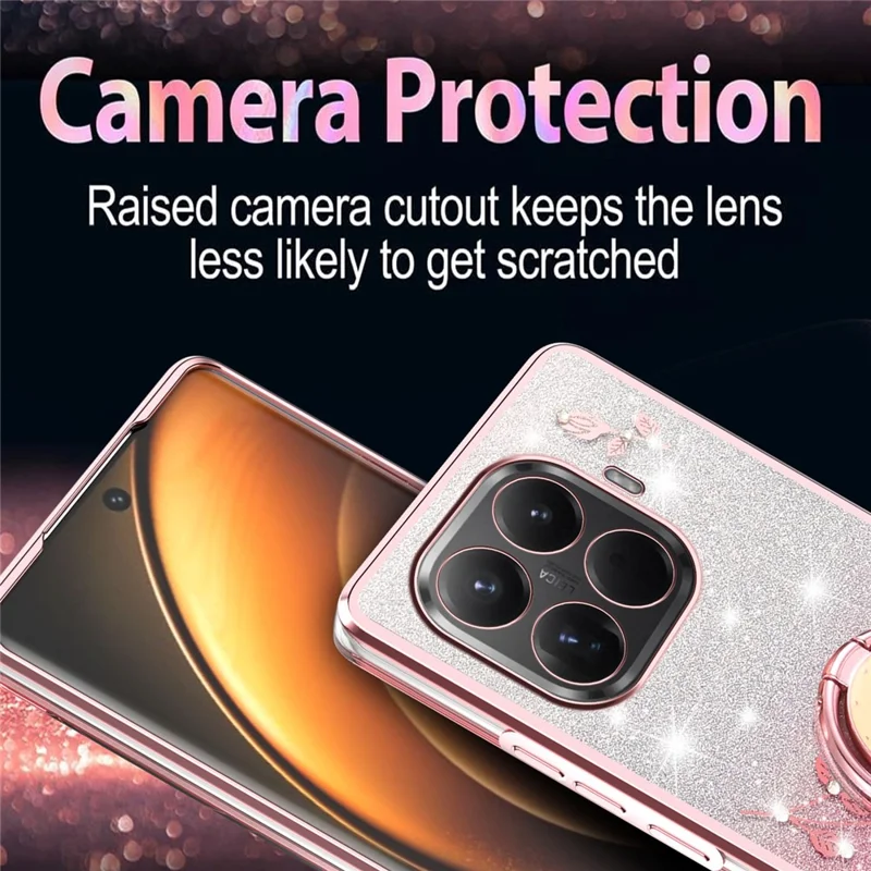 KADEM For Xiaomi 15T Pro Case Ring Kickstand TPU Flowers Phone Cover Gradient Glitter - Rose Gold