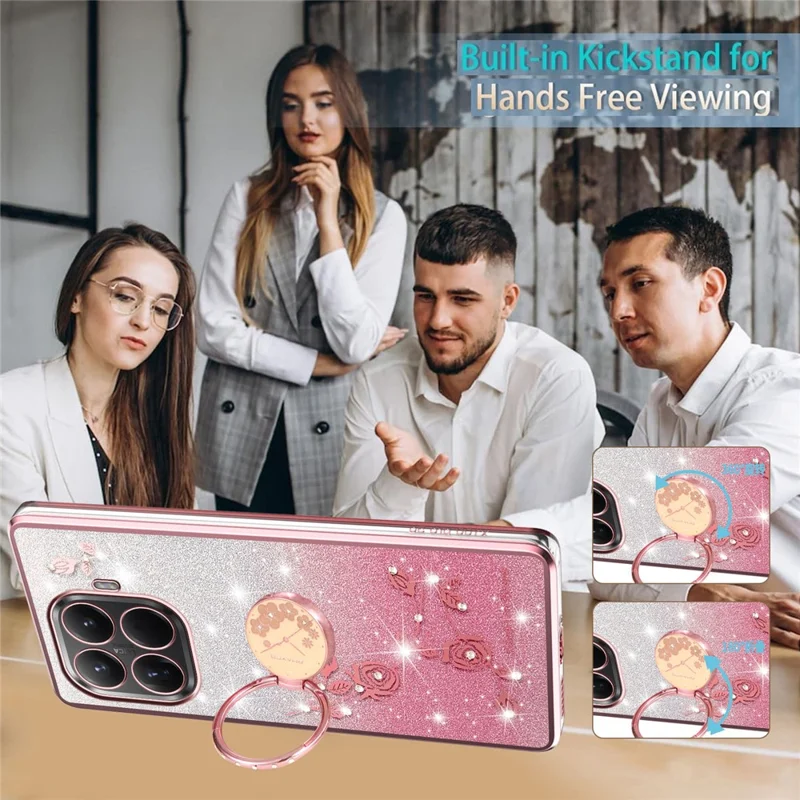 KADEM For Xiaomi 15T Pro Case Ring Kickstand TPU Flowers Phone Cover Gradient Glitter - Rose Gold