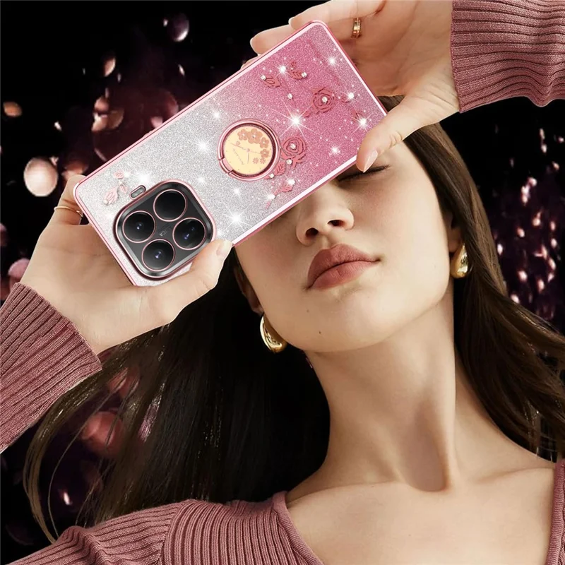 KADEM For Xiaomi 15T Pro Case Ring Kickstand TPU Flowers Phone Cover Gradient Glitter - Rose Gold