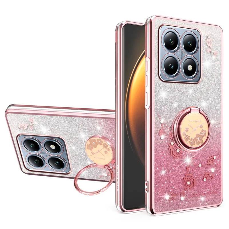 KADEM For Xiaomi 15T Case Ring Kickstand TPU Flowers Phone Cover Gradient Glitter - Rose Gold