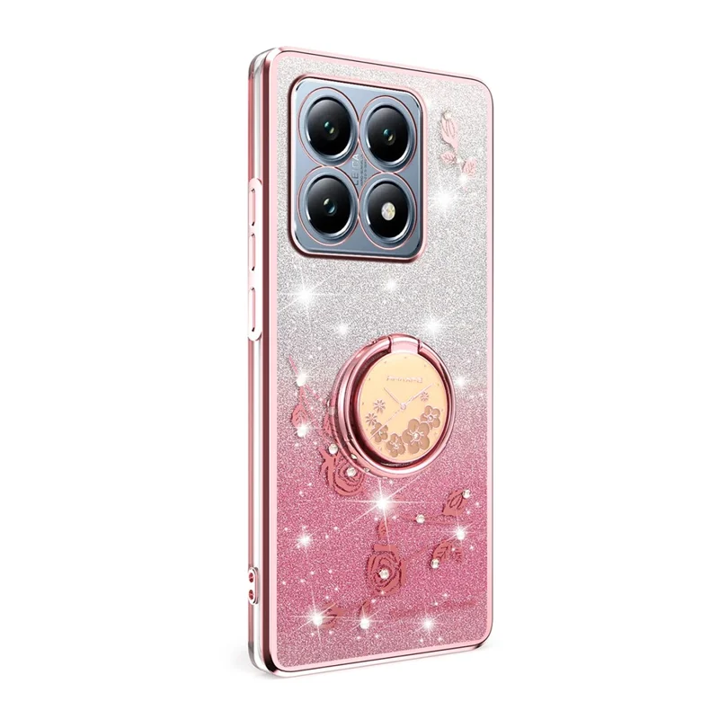 KADEM For Xiaomi 15T Case Ring Kickstand TPU Flowers Phone Cover Gradient Glitter - Rose Gold