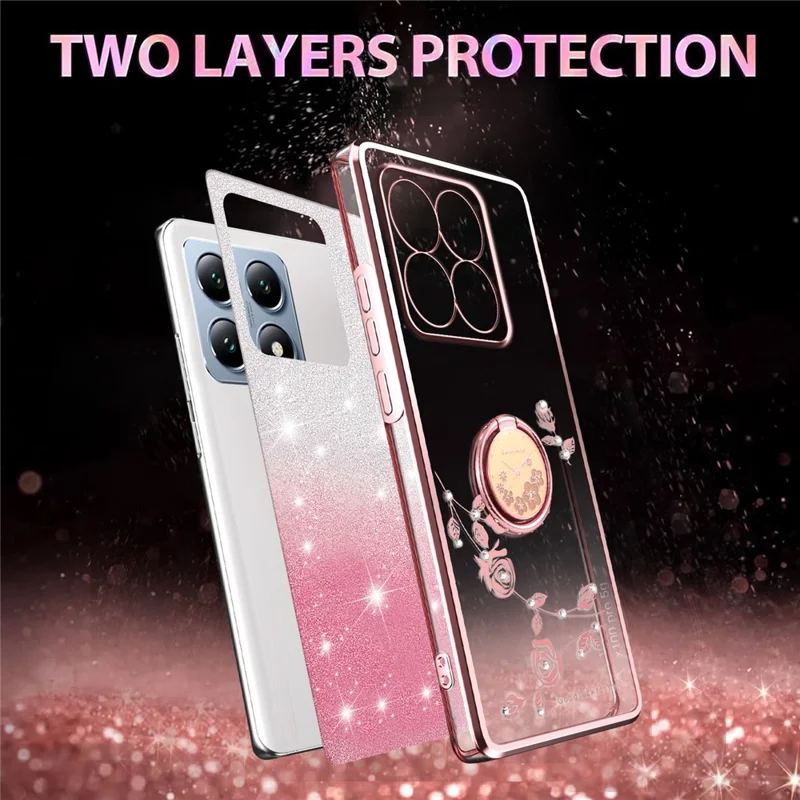 KADEM For Xiaomi 15T Case Ring Kickstand TPU Flowers Phone Cover Gradient Glitter - Rose Gold