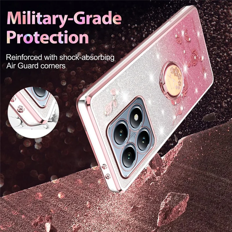 KADEM For Xiaomi 15T Case Ring Kickstand TPU Flowers Phone Cover Gradient Glitter - Rose Gold