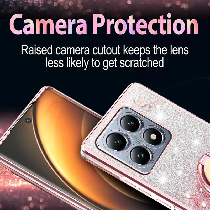 KADEM For Xiaomi 15T Case Ring Kickstand TPU Flowers Phone Cover Gradient Glitter - Rose Gold