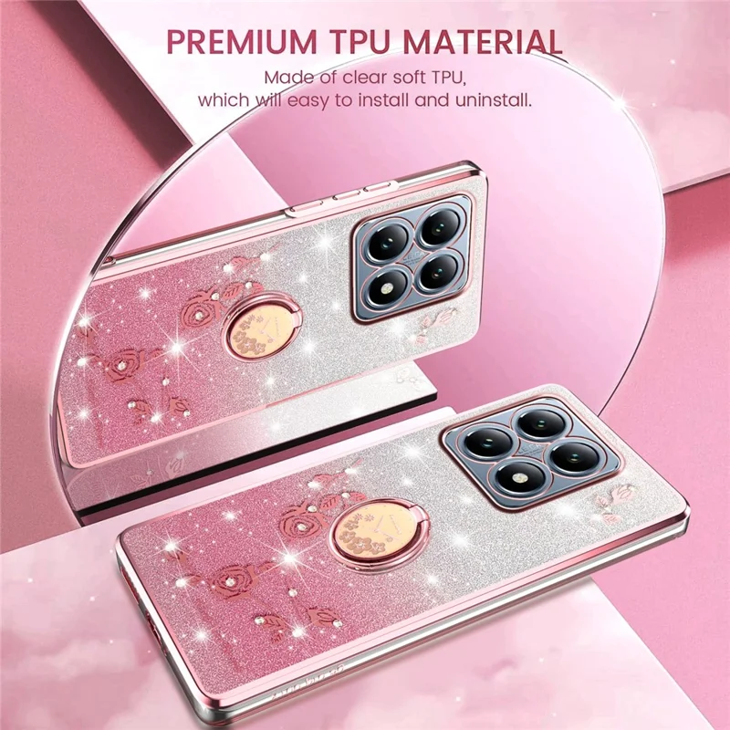 KADEM For Xiaomi 15T Case Ring Kickstand TPU Flowers Phone Cover Gradient Glitter - Rose Gold