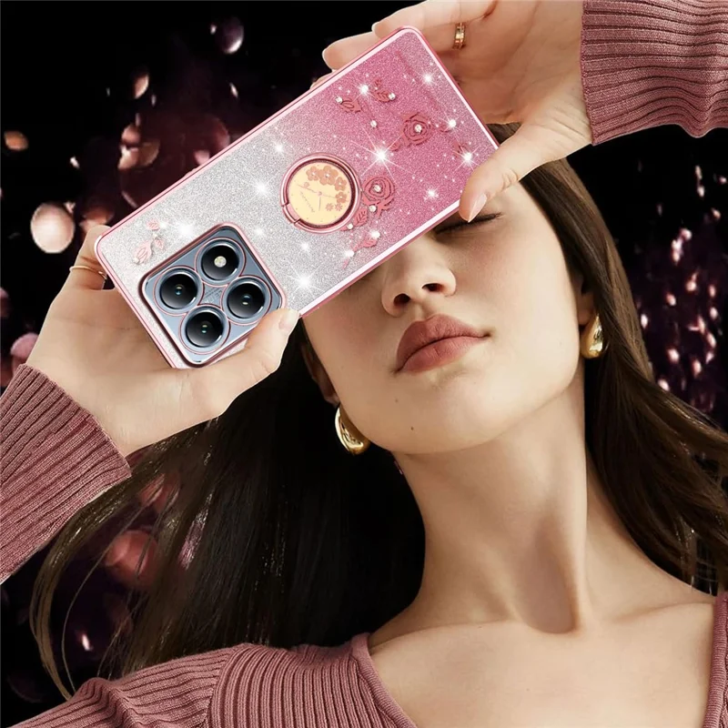 KADEM For Xiaomi 15T Case Ring Kickstand TPU Flowers Phone Cover Gradient Glitter - Rose Gold