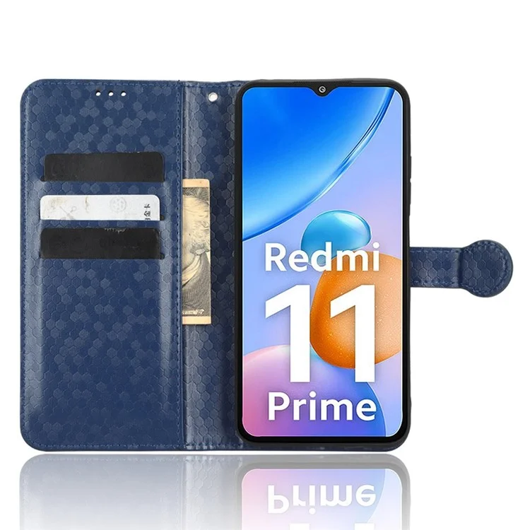 Pour Xiaomi Redmi 11 Prime 4G PU Pot Port Dot Impresté Bois de Papile Impresté Couverture de Téléphone Court - Bleu Foncé