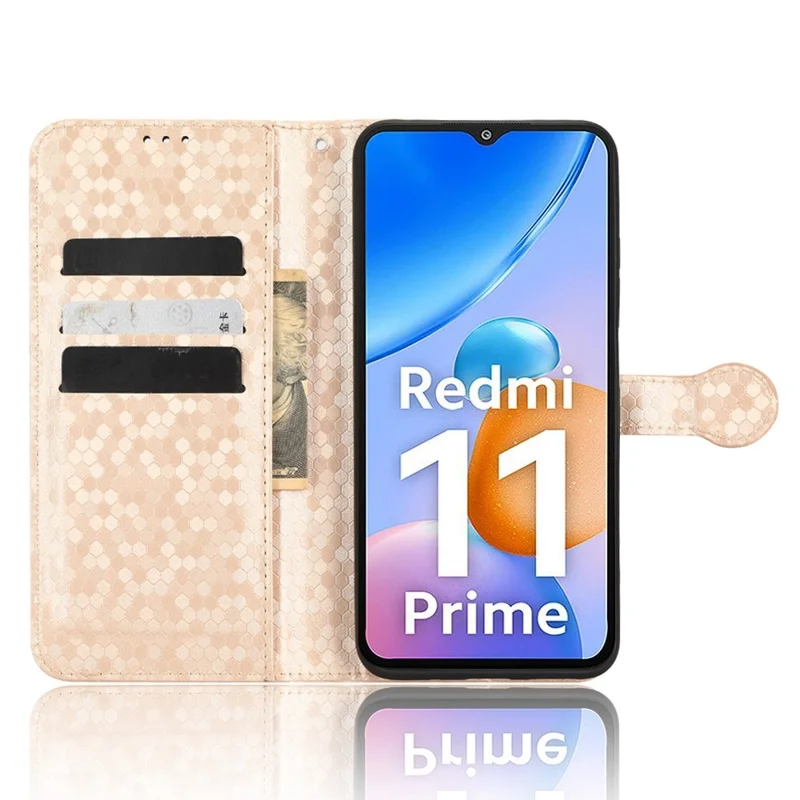 Para Xiaomi Redmi 11 Prime 4G PU Put Patrón de Puntos de Cuero Case de Billetera Impresa Soporte de la Cubierta Del Teléfono Celular Con Correa - Oro Rosa