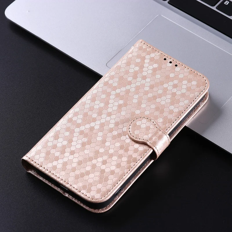 Para Xiaomi Redmi 11 Prime 4G PU Put Patrón de Puntos de Cuero Case de Billetera Impresa Soporte de la Cubierta Del Teléfono Celular Con Correa - Oro Rosa