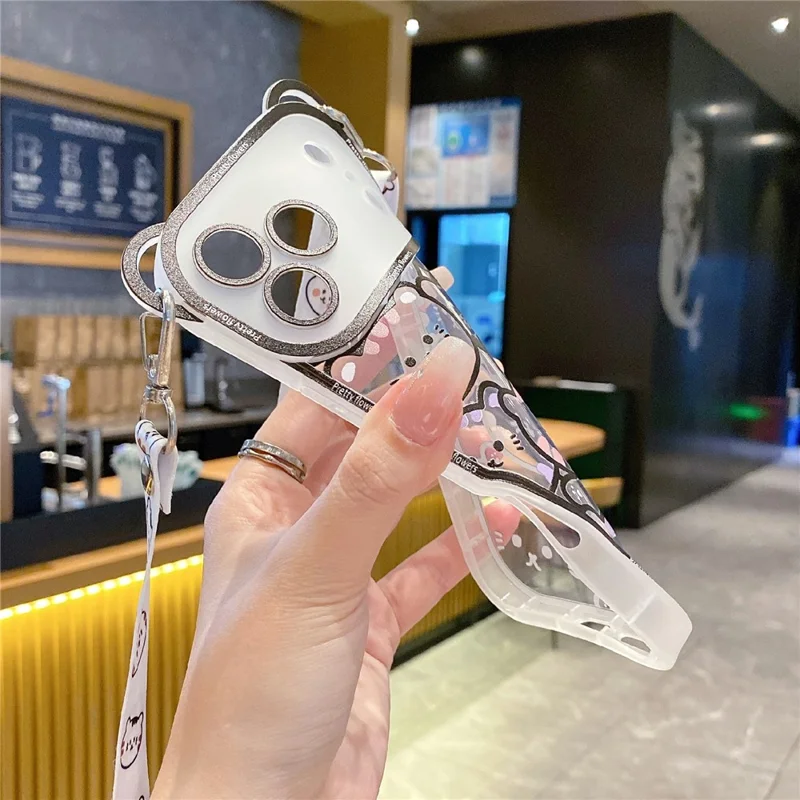 For iPhone 17 Pro Max Case Cute Bear Design Shockproof TPU Phone Back Cover with Shoulder Strap - Stacking Bear A