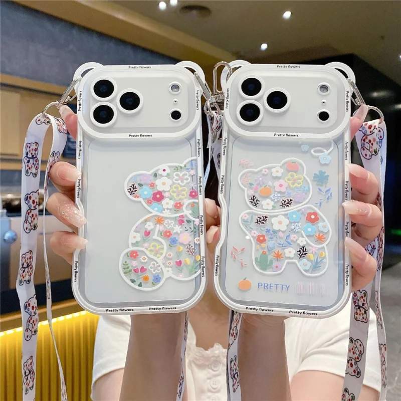 For iPhone 17 Pro Max Case Cute Bear Design Shockproof TPU Phone Back Cover with Shoulder Strap - Stacking Bear A