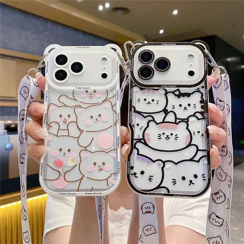 For iPhone 17 Pro Max Case Cute Bear Design Shockproof TPU Phone Back Cover with Shoulder Strap - Stacking Bear A
