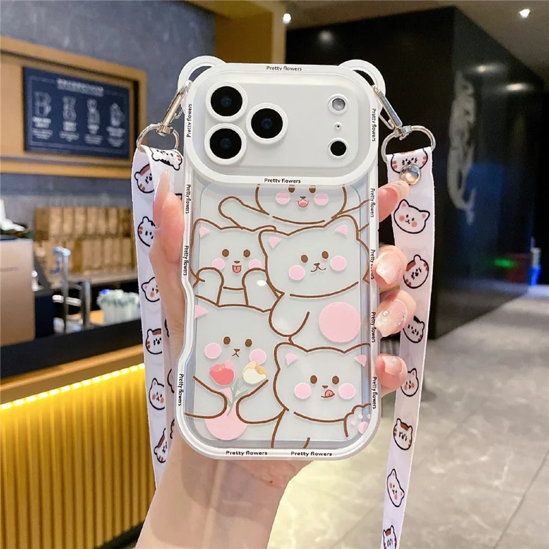 For iPhone 17 Pro Case Cute Bear Design Shockproof TPU Phone Back Cover with Shoulder Strap - Stacking Bear A