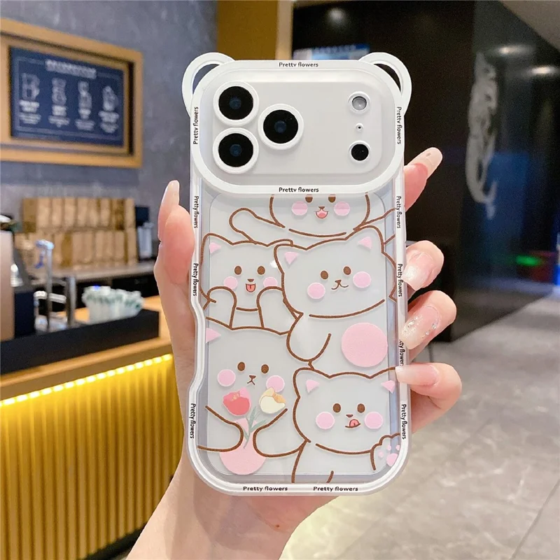For iPhone 17 Pro Case Cute Bear Design Shockproof TPU Phone Back Cover with Shoulder Strap - Stacking Bear A
