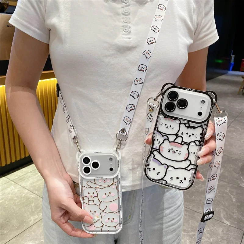 For iPhone 17 Pro Case Cute Bear Design Shockproof TPU Phone Back Cover with Shoulder Strap - Stacking Bear A