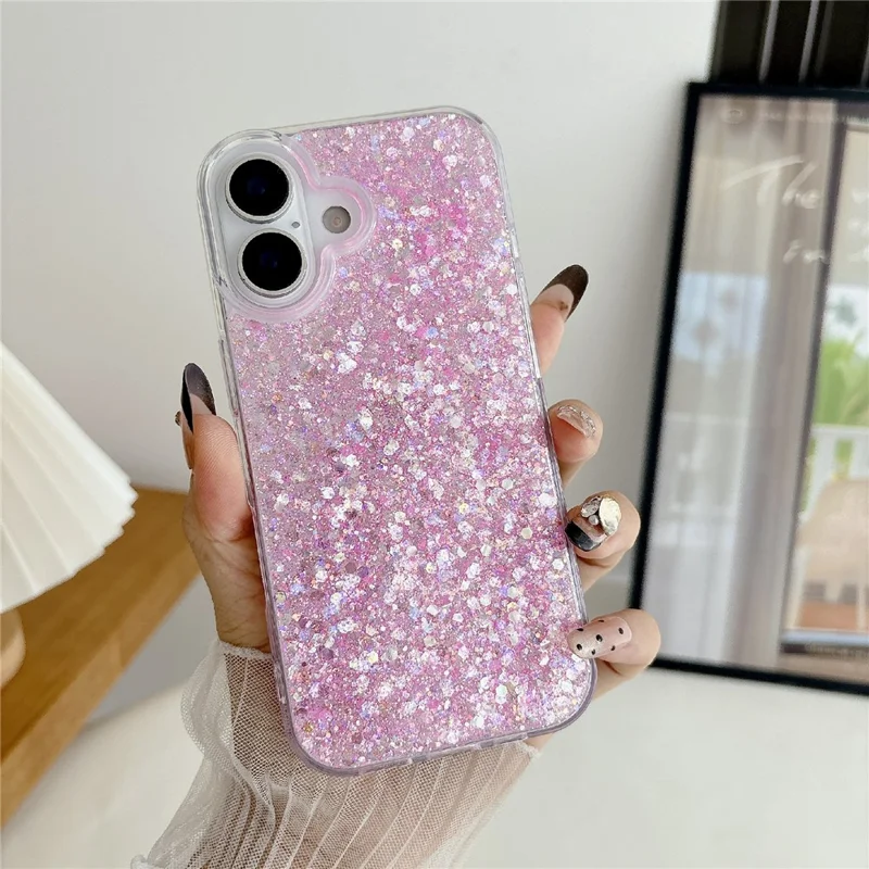 For iPhone 17 Case TPU Drop Protection Epoxy Glittery Sequins Phone Cover - Pink