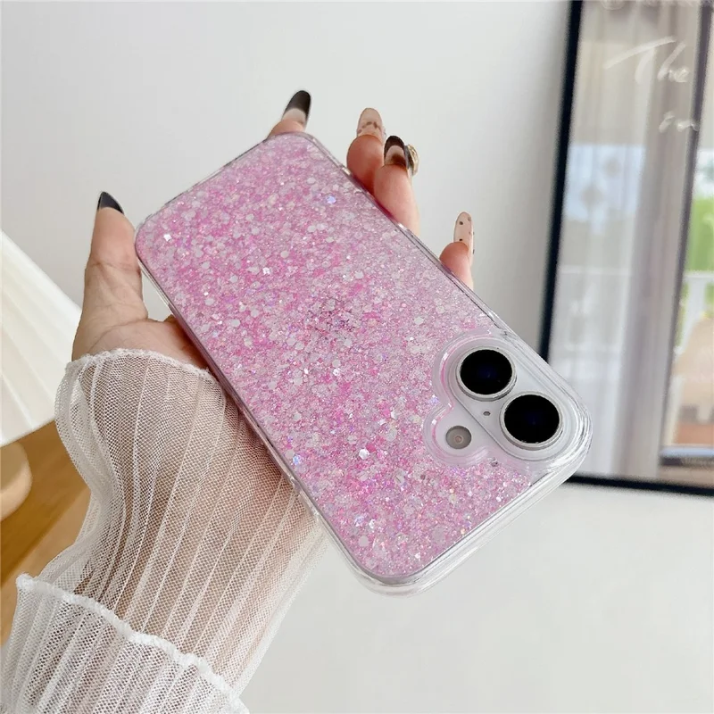 For iPhone 17 Case TPU Drop Protection Epoxy Glittery Sequins Phone Cover - Pink
