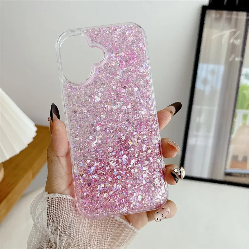 For iPhone 17 Case TPU Drop Protection Epoxy Glittery Sequins Phone Cover - Pink