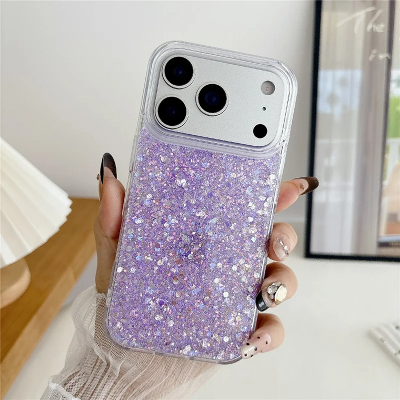 For iPhone 17 Pro Case TPU Drop Protection Epoxy Glittery Sequins Phone Cover - Purple