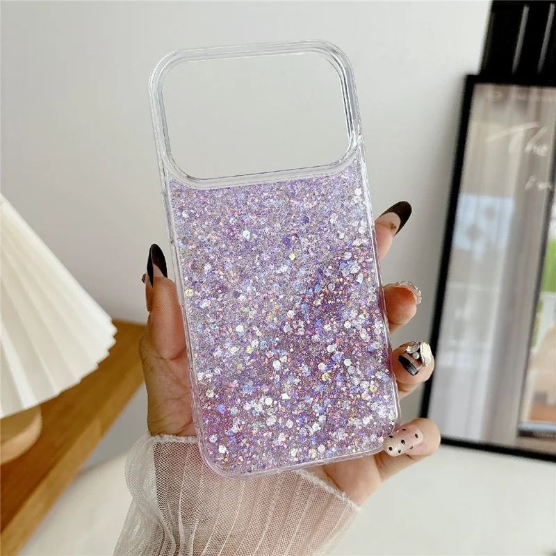 For iPhone 17 Pro Case TPU Drop Protection Epoxy Glittery Sequins Phone Cover - Purple