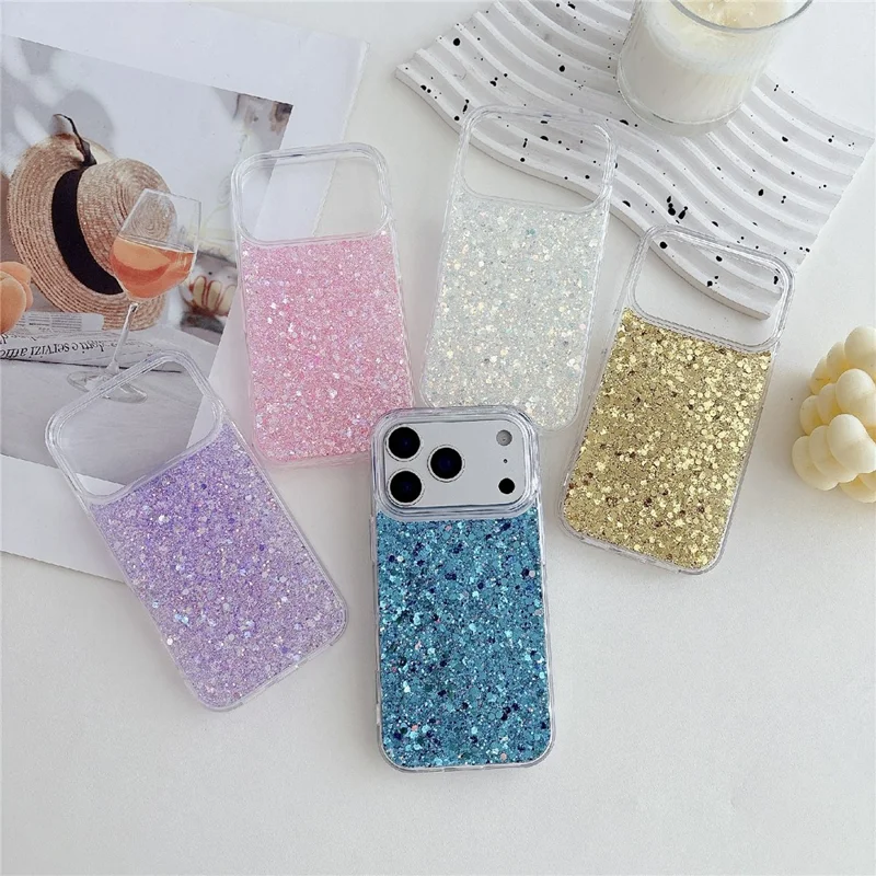 For iPhone 17 Pro Max Case TPU Drop Protection Epoxy Glittery Sequins Phone Cover - Purple
