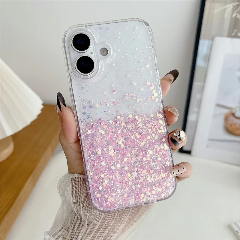 For iPhone 17 Case Sparkle Sequins Luminous Epoxy TPU Phone Cover - Pink