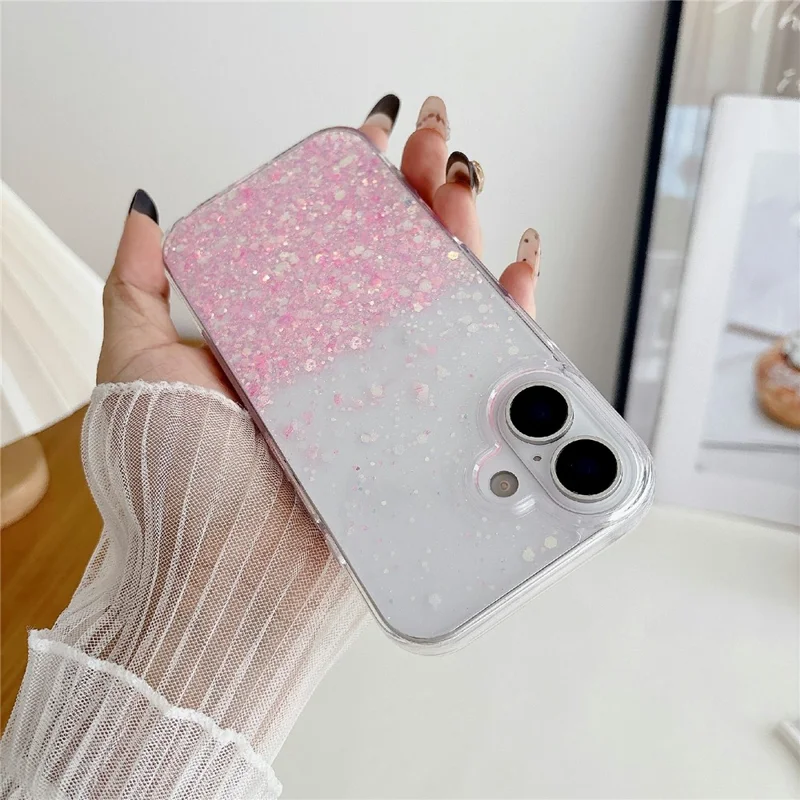 For iPhone 17 Case Sparkle Sequins Luminous Epoxy TPU Phone Cover - Pink