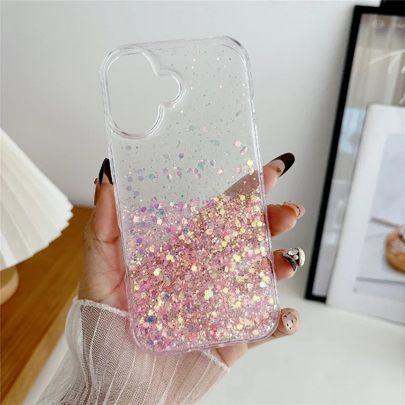 For iPhone 17 Case Sparkle Sequins Luminous Epoxy TPU Phone Cover - Pink