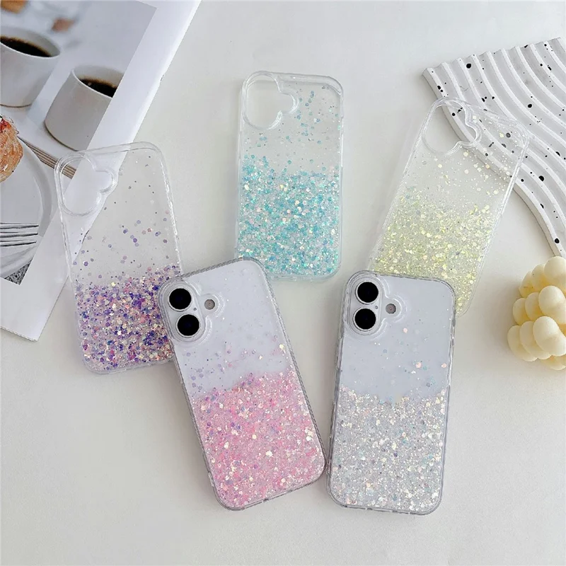 For iPhone 17 Case Sparkle Sequins Luminous Epoxy TPU Phone Cover - Pink