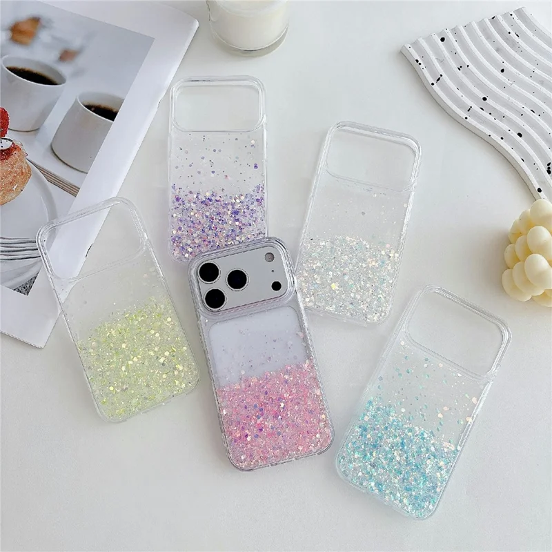 For iPhone 17 Pro Case Sparkle Sequins Luminous Epoxy TPU Phone Cover - Pink