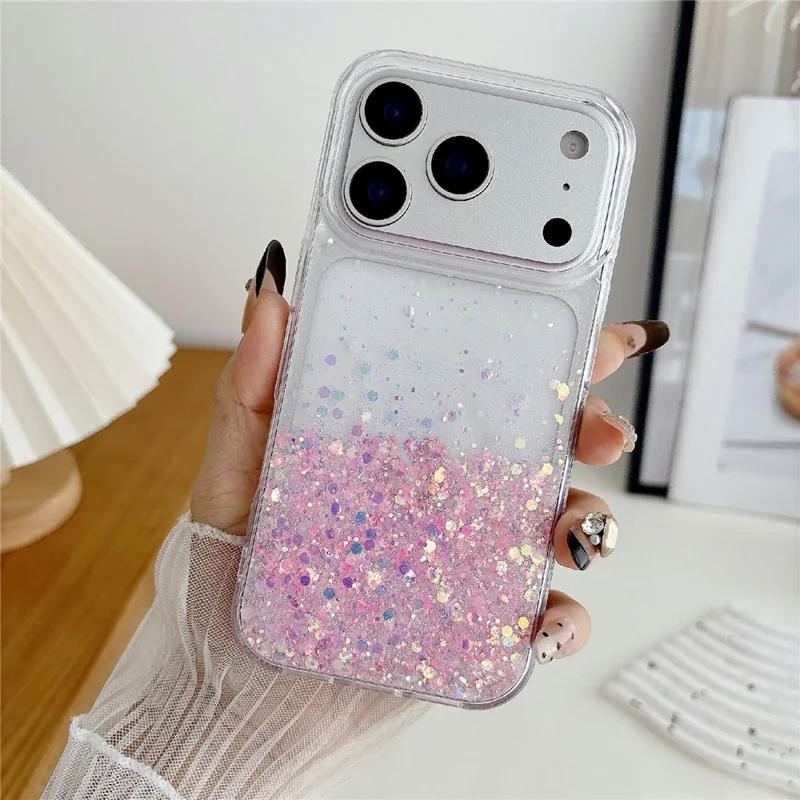 For iPhone 17 Pro Max Case Sparkle Sequins Luminous Epoxy TPU Phone Cover - Pink