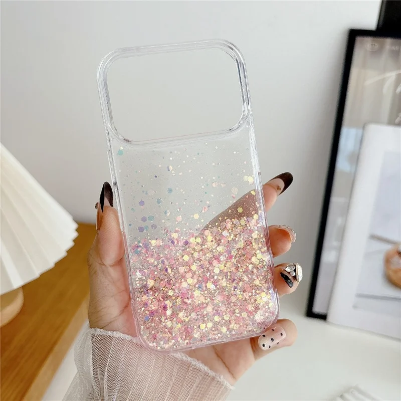 For iPhone 17 Pro Max Case Sparkle Sequins Luminous Epoxy TPU Phone Cover - Pink