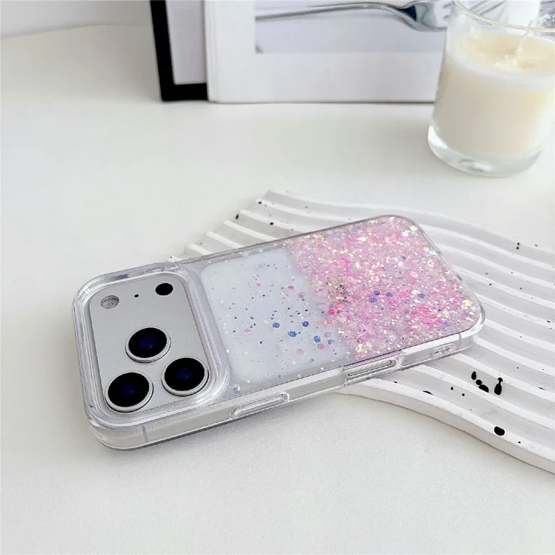 For iPhone 17 Pro Max Case Sparkle Sequins Luminous Epoxy TPU Phone Cover - Pink