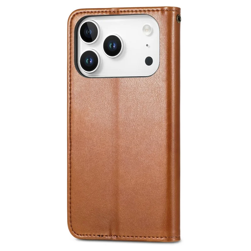 For iPhone 17 Pro Case Wallet Stand Leather Phone Cover with Wrist Strap - Brown